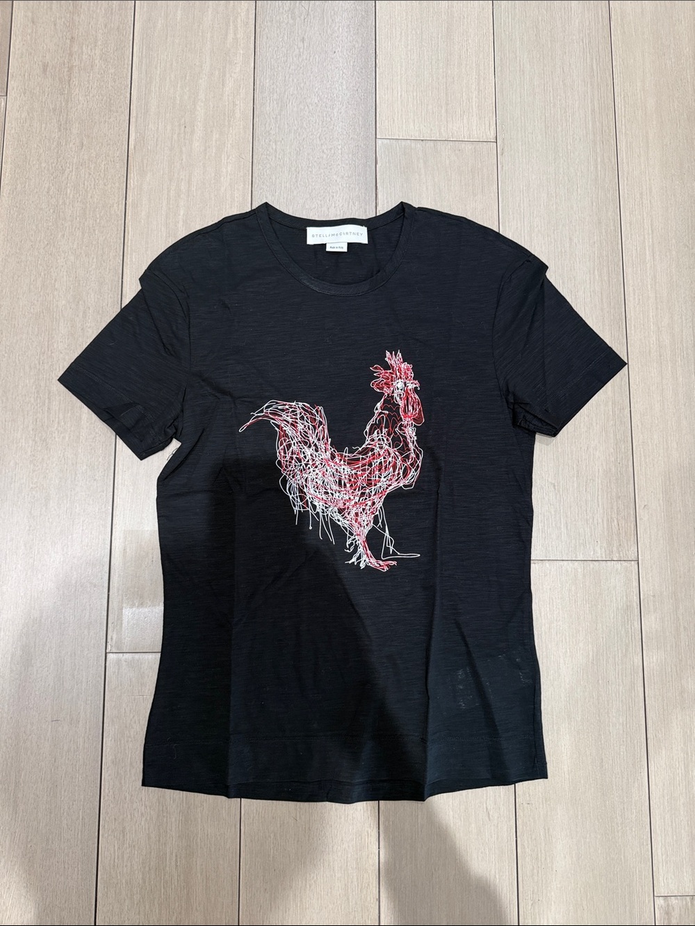 Stella McCartney Black Tee with Red & White Rooster Stitch